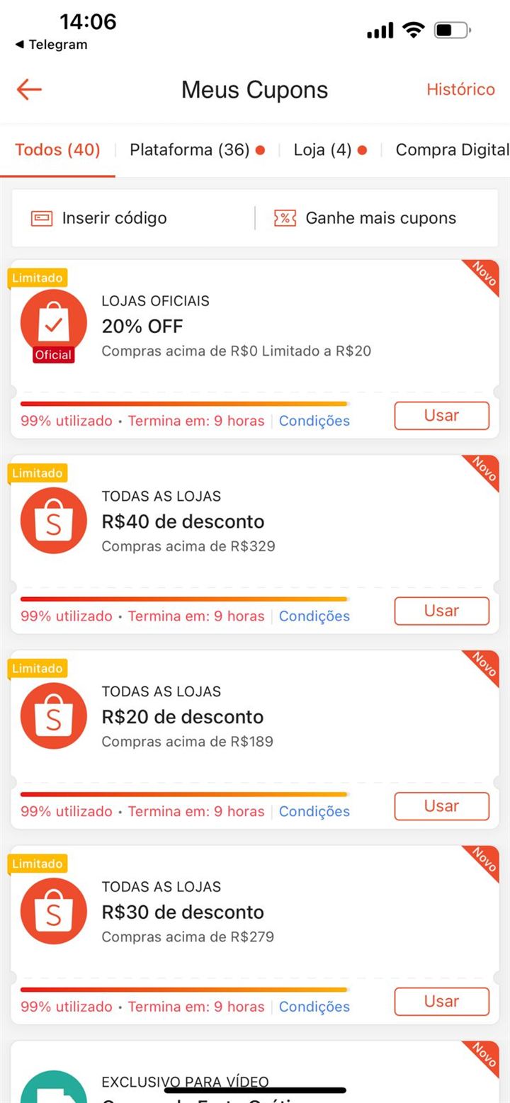 Cupons garimpados na Shopee